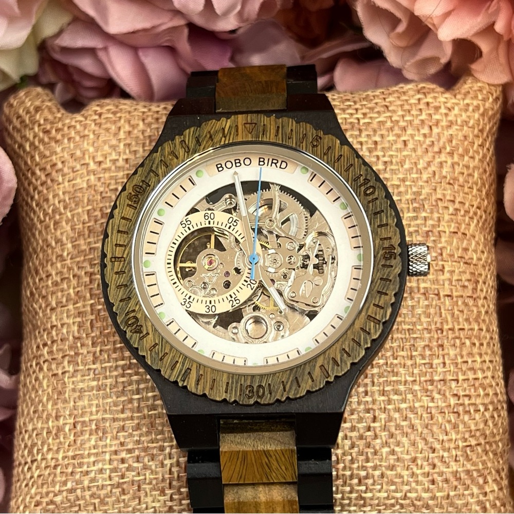 Luxury 100% Handmade Ebony and Sandalwood Automatic Kinetic Skeleton Watch - Picture 10 of 16